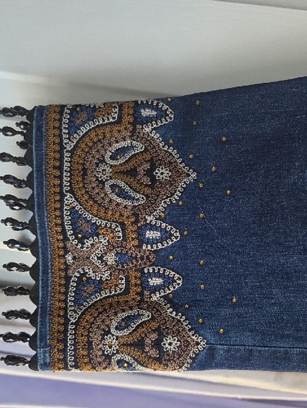 Chicos Dark Blue Jeans with Gold & White Embroidery and Beaded Fringe - Picture 3 of 5